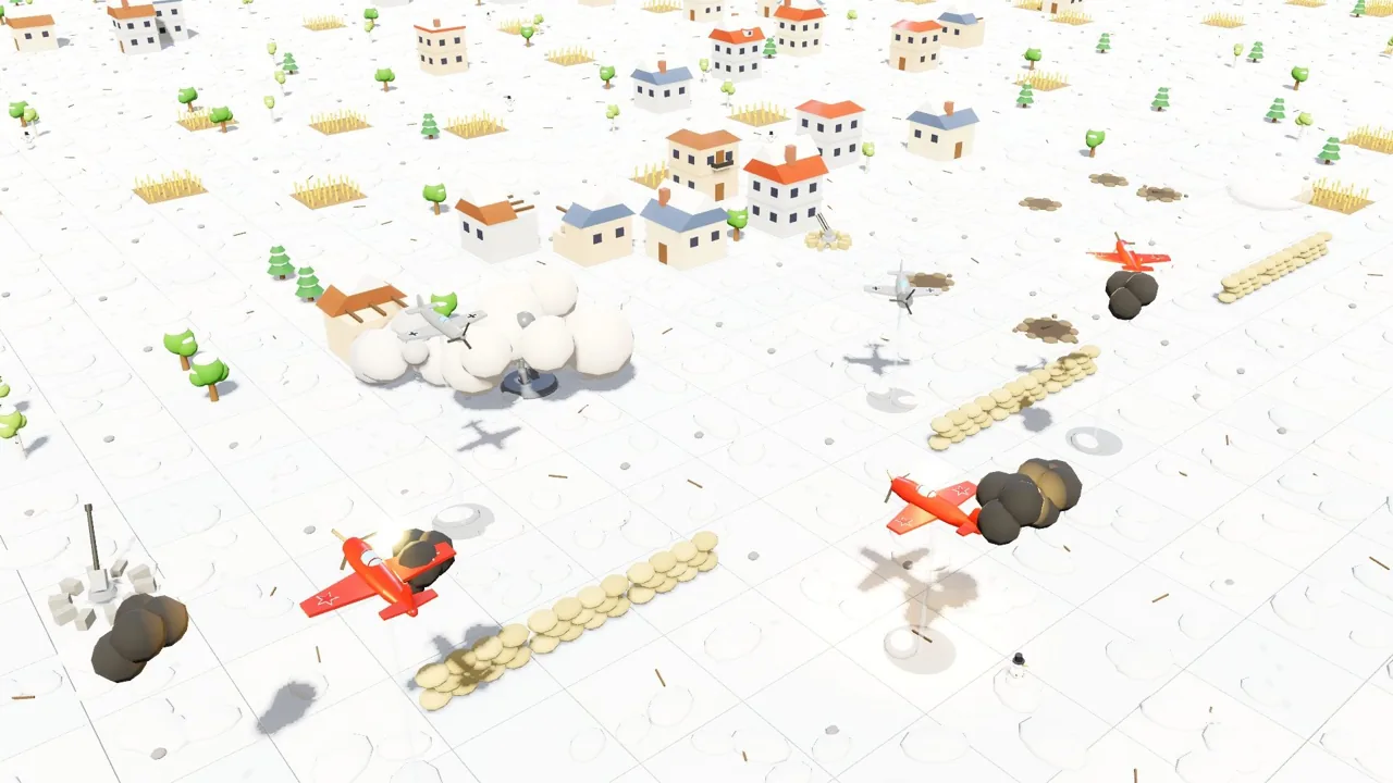 Red toy planes over a snow-covered town