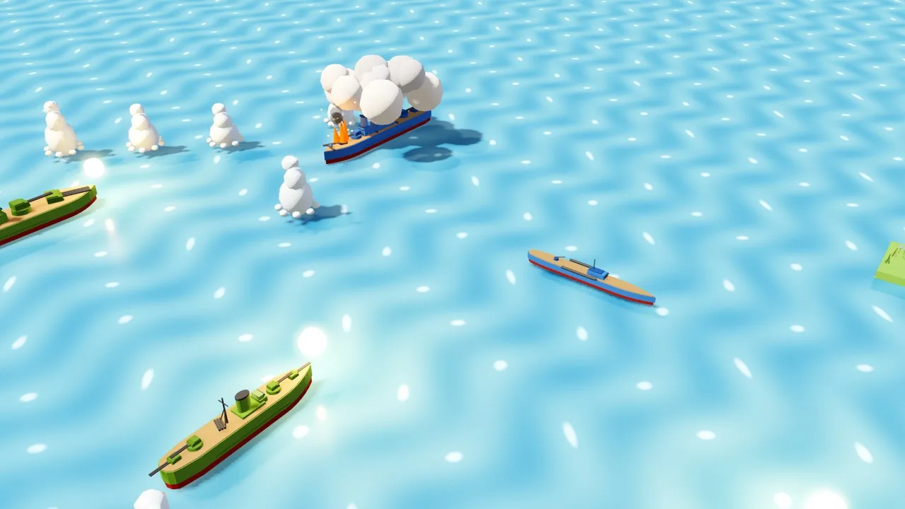 Toy warships exchange fire on turquoise water