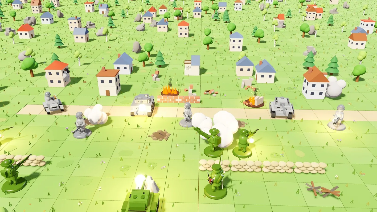 Grüne und graue Spielzeugsoldaten kämpfen vor einem Dorf, mit Panzern, Sandsäcken und Rauch